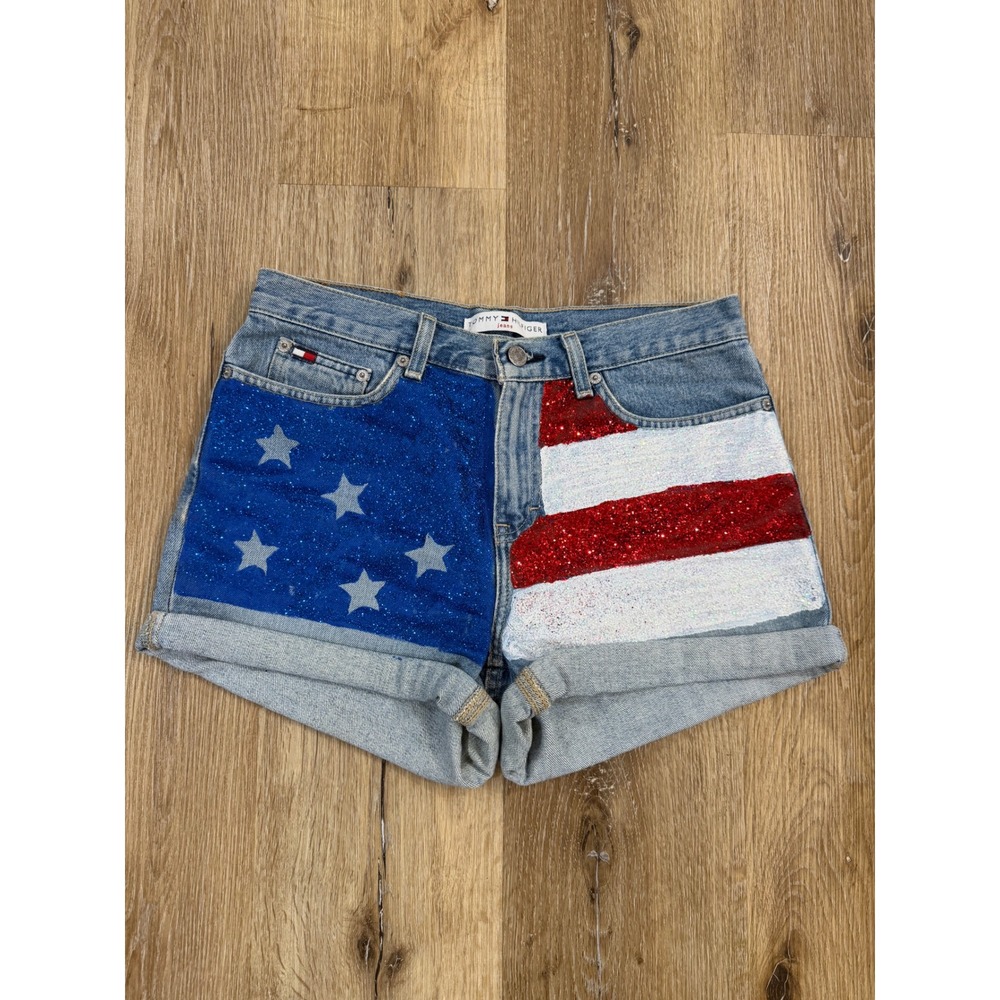 Tommy Hilfiger American Flag Glitter Denim Shorts Womens 4 Custom‎ DIY Patriotic